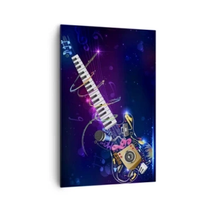 Bild auf Leinwand - Leinwandbild - Eine bunte Gitarre mit Keyboard und Mikrofon auf dunklem Hintergrund. - 80x120cm - Und alles ist gut - Moderne Wanddekoration für Wohnzimmer und Schlafzimmer ARTTOR