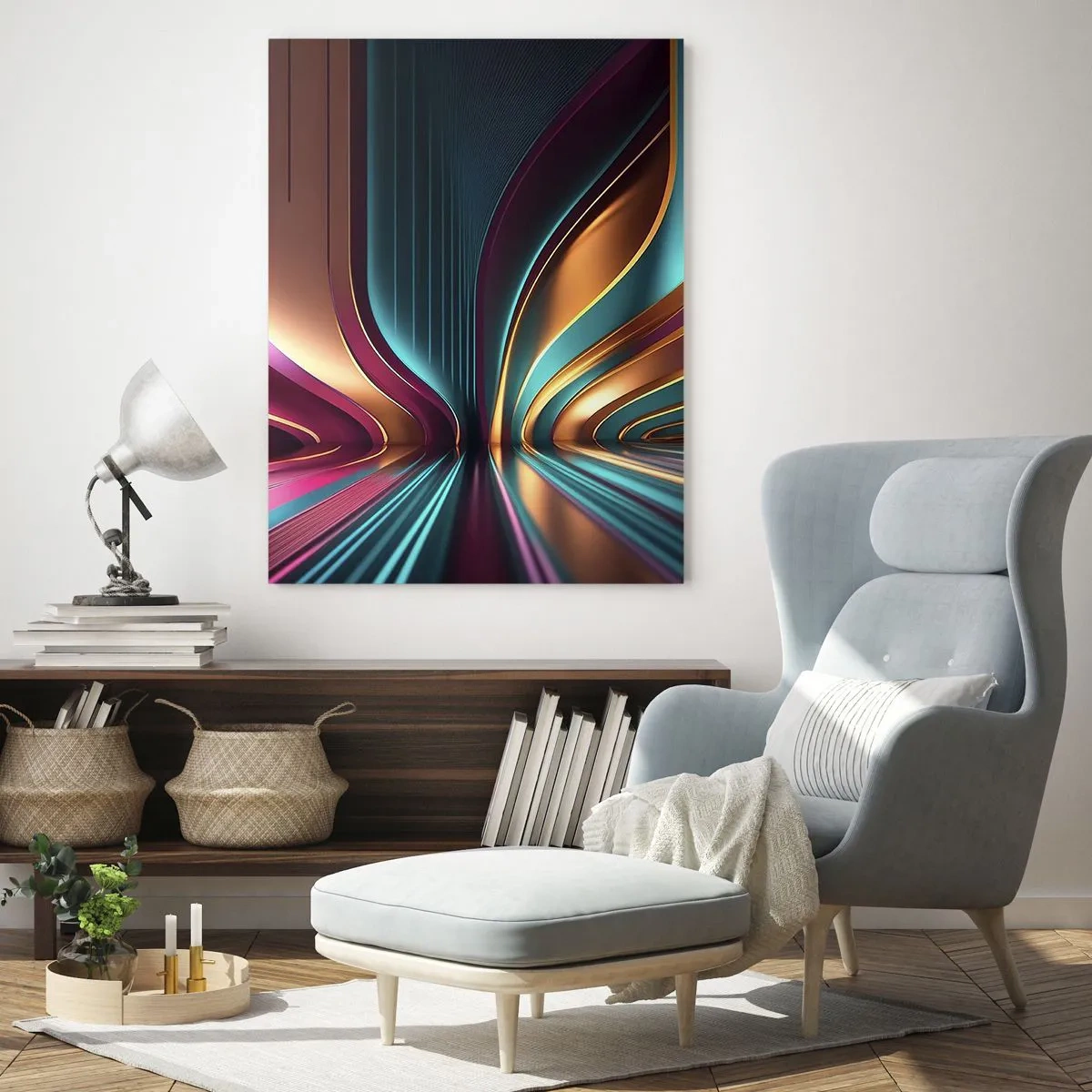Glasbild - Bild auf glas - Bunte Lichtlinien erzeugen futuristische Formen - 50x70cm - Architektur des Lichts - Moderne Wanddekoration für Wohnzimmer und Schlafzimmer ARTTOR