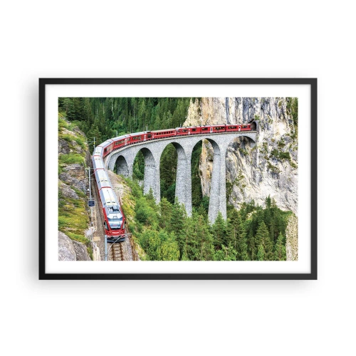 Poster in einem schwarzem Rahmen - Ein Zug auf einem malerischen Viadukt in einer Berglandschaft - 70x50cm - Eisenbahn für Bergblick - Moderne Wanddekoration für Wohnzimmer und Schlafzimmer ARTTOR