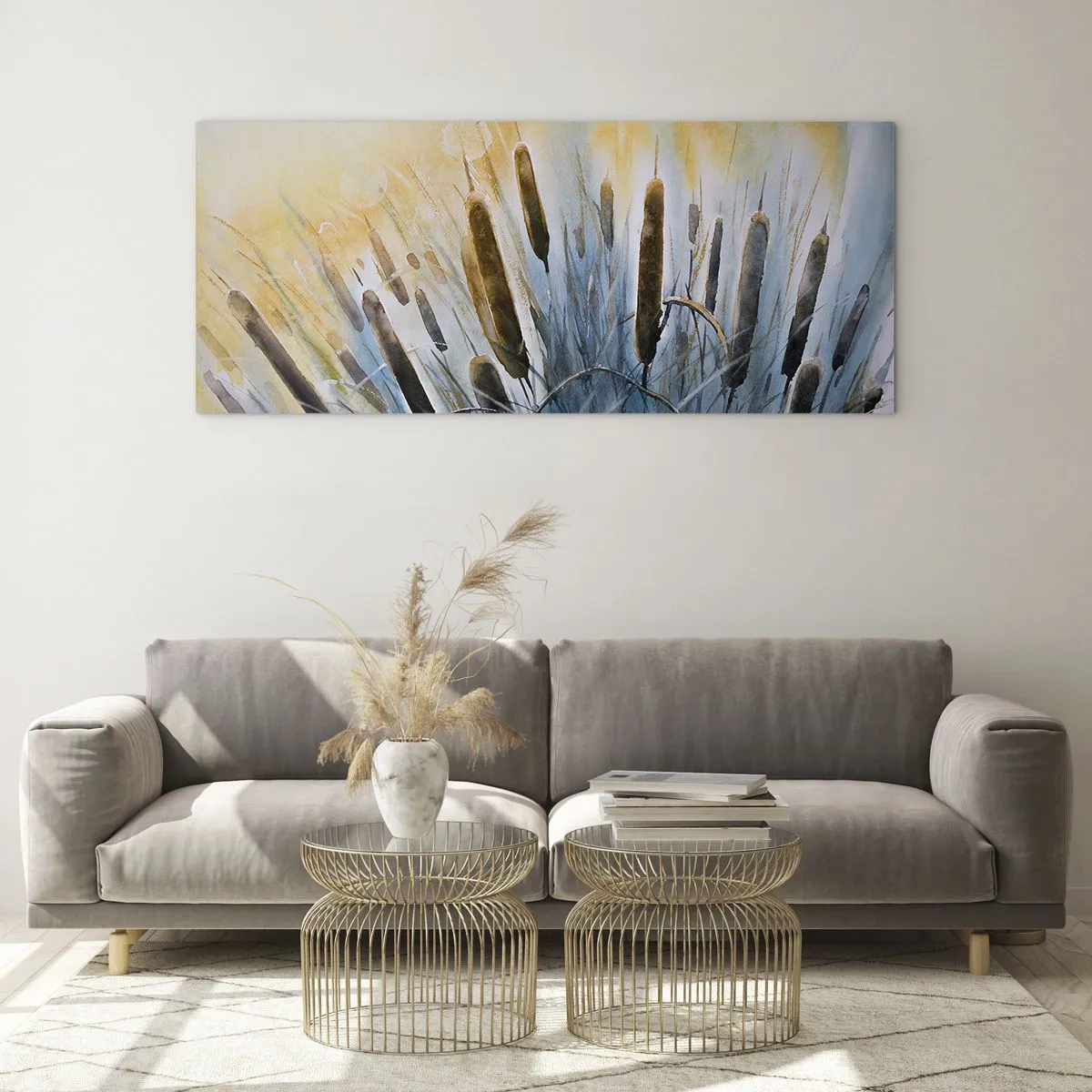 Glasbild - Bild auf glas - Malerisches Schilf in den Sonnenstrahlen - 120x50cm - Die Kälte des Wassers, die Hitze der Sonne - Moderne Wanddekoration für Wohnzimmer und Schlafzimmer ARTTOR