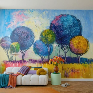 Fototapete Premium Sand - Bunte abstrakte Bäume vor einem hellen Himmel - 100x70cm - Kugel - die Form des Ideals - Moderne Wanddekoration für Wohnzimmer und Schlafzimmer ARTTOR