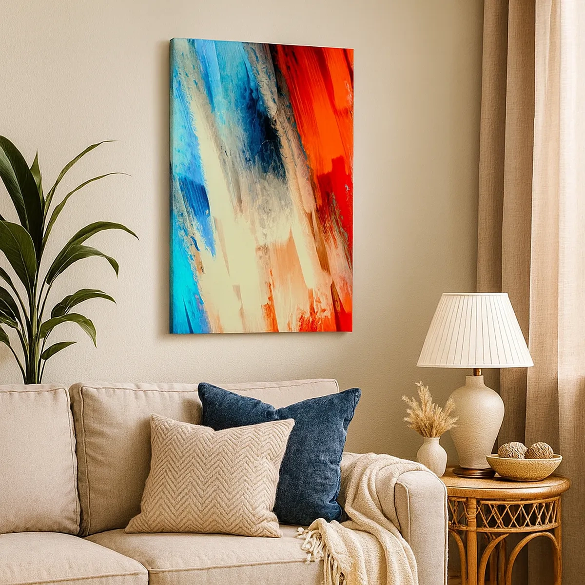 Bild auf Leinwand - Leinwandbild - Abstrakter Pinselstrich in Blau- und Orangetönen - 50x70cm - Eine Kaskade von Farben - Moderne Wanddekoration für Wohnzimmer und Schlafzimmer ARTTOR