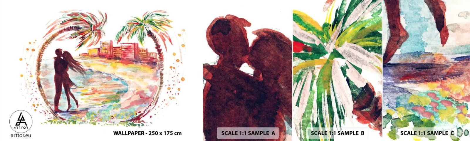 Fototapeten Muster Selbstklebend Deluxe Sticker - Romantischer Urlaub - Menschen, Kokusnuss-Palme, Strand - 100x30 cm