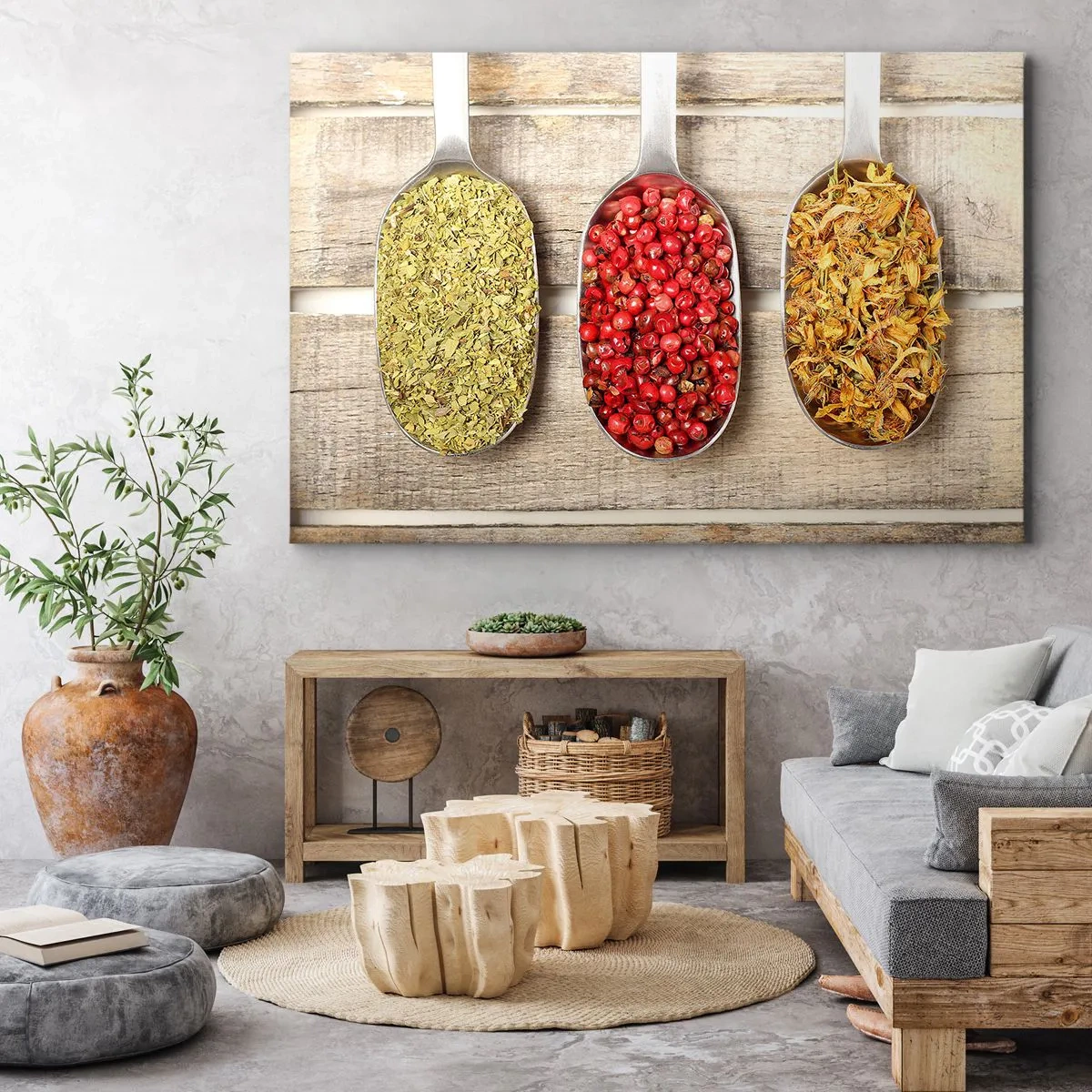 Bild auf Leinwand - Leinwandbild - Drei Metalllöffel mit Gewürzen auf einem hölzernen Hintergrund - 70x50cm - Küchenzauber - Moderne Wanddekoration für Wohnzimmer und Schlafzimmer ARTTOR