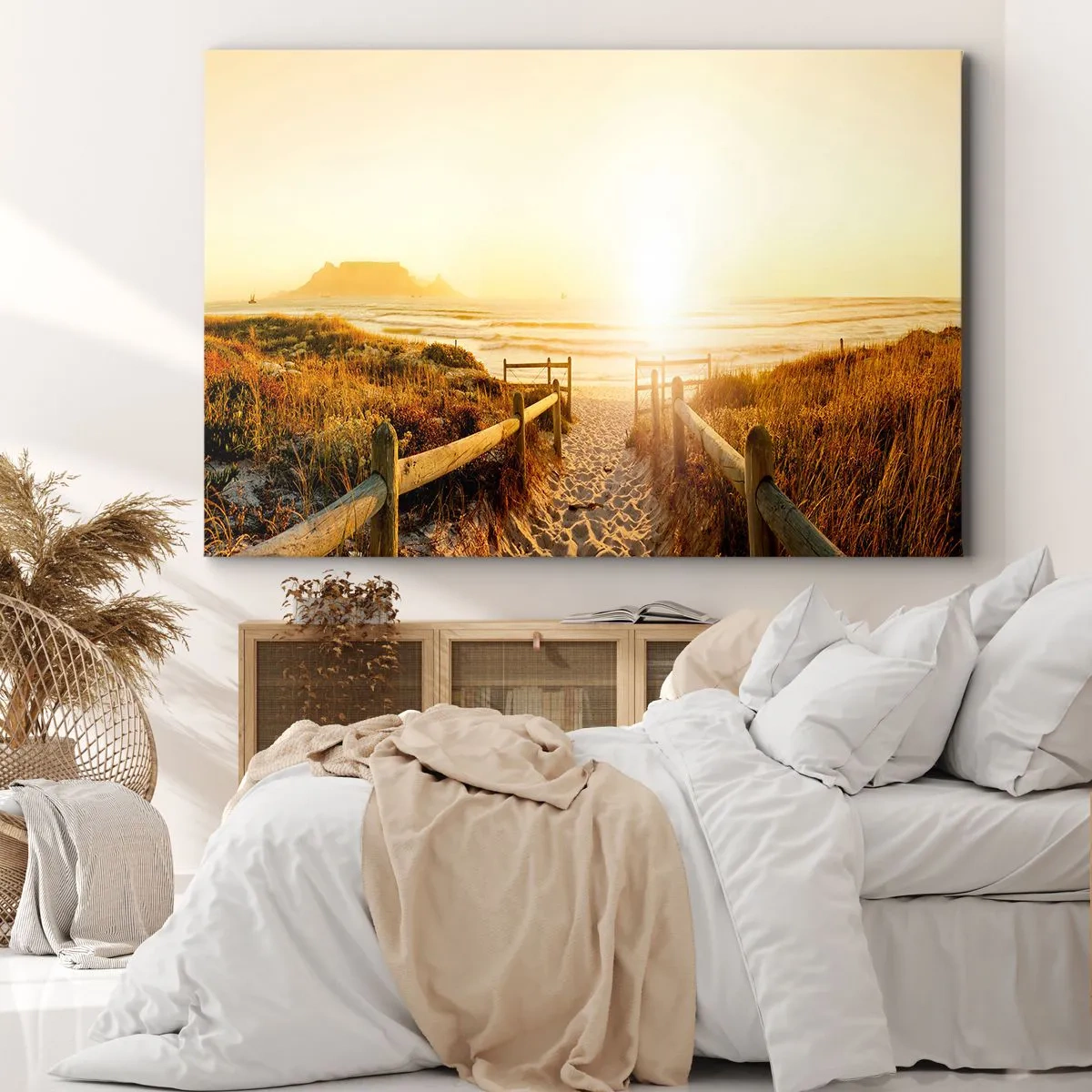 Bild auf Leinwand - Leinwandbild - Weg zum Strand bei goldenem Sonnenuntergang - 70x50cm - Über die Düne, der Sonne entgegen - Moderne Wanddekoration für Wohnzimmer und Schlafzimmer ARTTOR