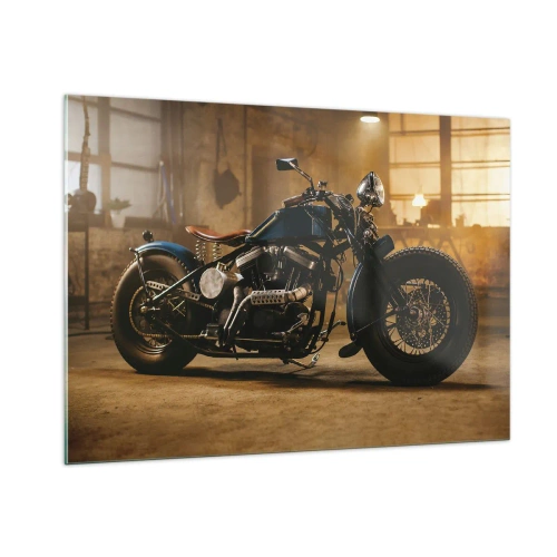 Glasbild - Bild auf glas - Stimmungsvolle Aufnahme eines klassischen Motorrads in einer Garage - 100x70cm - Ich kann alles - Moderne Wanddekoration für Wohnzimmer und Schlafzimmer ARTTOR