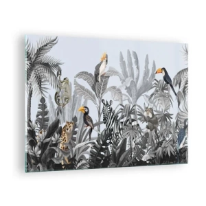 Glasbild - Bild auf glas - Exotische Tiere in einem schwarz-weißen Dschungel auf hellem Hintergrund - 70x50cm - Afrikanisches Märchen - Moderne Wanddekoration für Wohnzimmer und Schlafzimmer ARTTOR