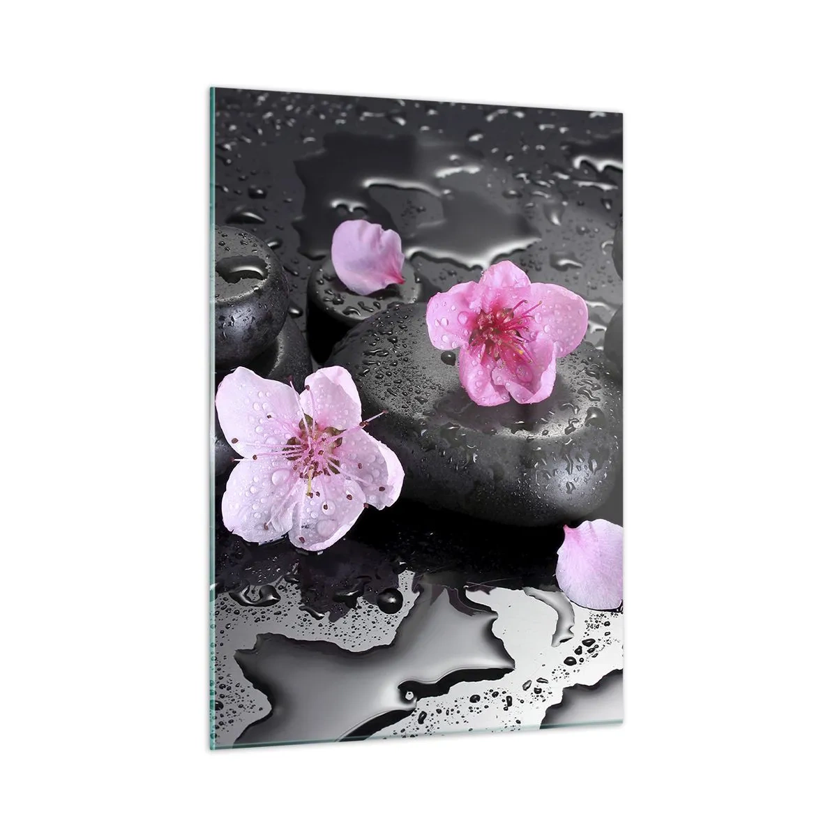 Glasbild - Bild auf glas - Spa-Steine mit Blumen auf nassem Hintergrund - 50x70cm - Und der Stein fällt vom Herzen - Moderne Wanddekoration für Wohnzimmer und Schlafzimmer ARTTOR