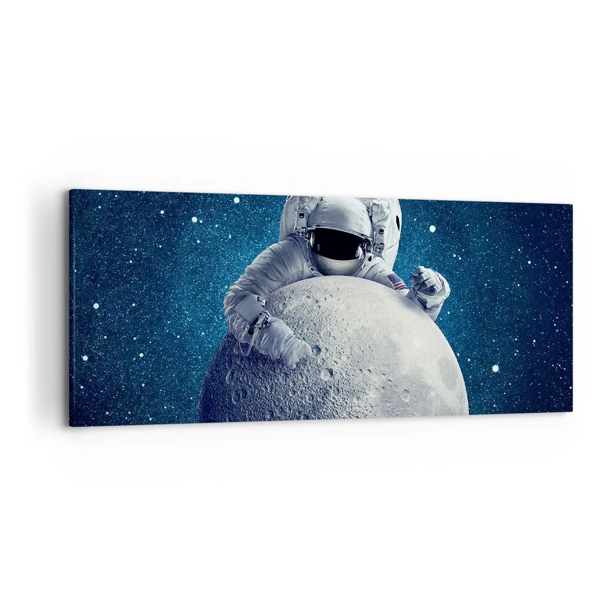 Bild auf Leinwand - Leinwandbild - Astronaut hält den Mond vor einem Sternenhimmel - 120x50cm - Weltraumjoker - Moderne Wanddekoration für Wohnzimmer und Schlafzimmer ARTTOR