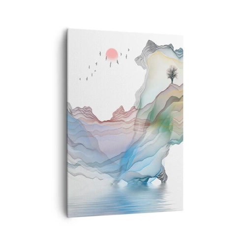 Bild auf Leinwand - Leinwandbild - Eine subtile Landschaft mit Bergen, Wasser und einem Boot - 70x100cm - Zu den Kristallbergen - Moderne Wanddekoration für Wohnzimmer und Schlafzimmer ARTTOR