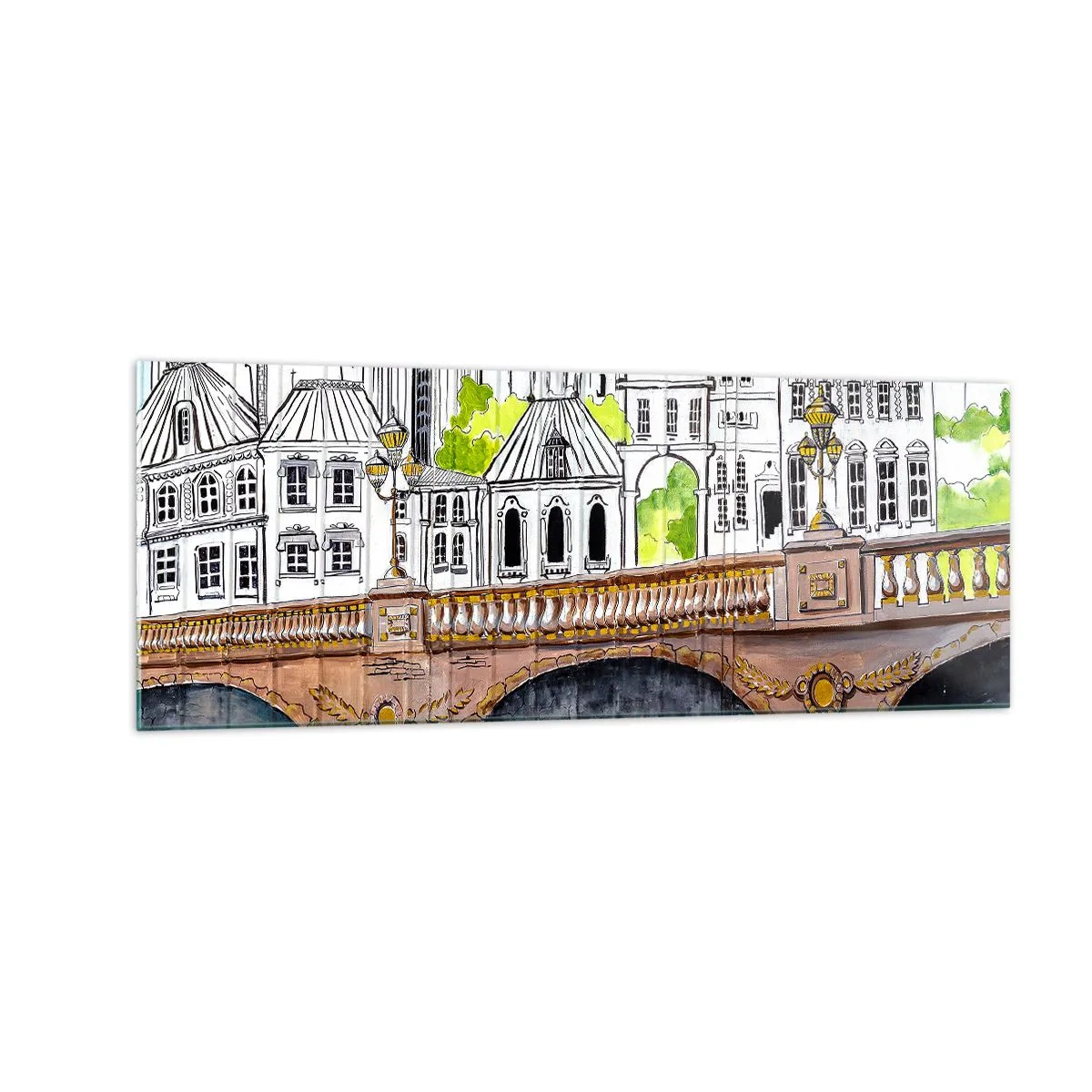 Glasbild - Bild auf glas - Zeichnung der Brücke und historische Stadtarchitektur - 140x50cm - Die Stadt ist gemalt - Moderne Wanddekoration für Wohnzimmer und Schlafzimmer ARTTOR
