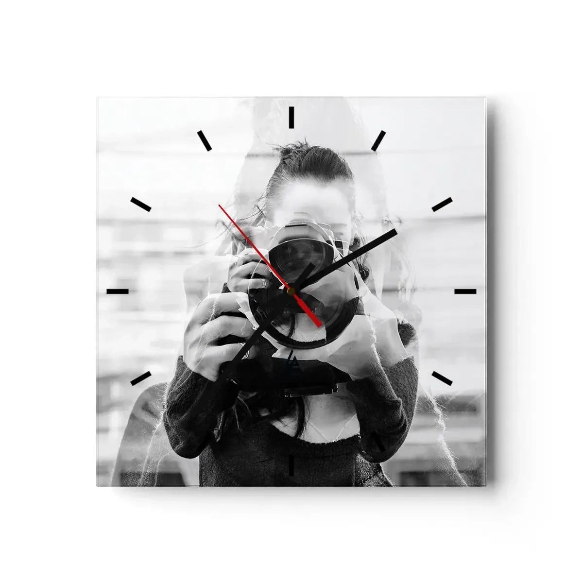 Wanduhr - Glasuhr - Schwarz-Weiß-Doppelbelichtungsporträt eines Fotografen - 30x30cm - Schöpfer und Material - Moderne Wanddekoration für Wohnzimmer und Schlafzimmer ARTTOR