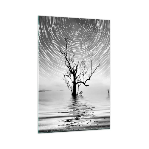 Glasbild - Bild auf glas - Ein Baum im Wasser unter einem Nachthimmel mit sich bewegenden Sternen - 80x120cm - Eine Sinfonie der Natur - Moderne Wanddekoration für Wohnzimmer und Schlafzimmer ARTTOR