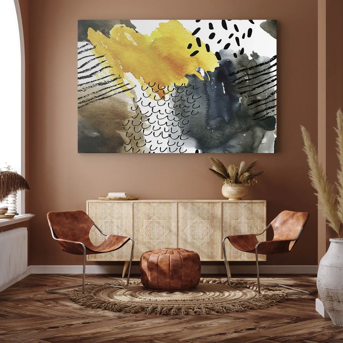 Bild auf Leinwand - Leinwandbild - Eine abstrakte Komposition mit gelben Akzenten und grafischen Mustern. - 70x50cm - Ein Treffen der Elemente der Natur - Moderne Wanddekoration für Wohnzimmer und Schlafzimmer ARTTOR