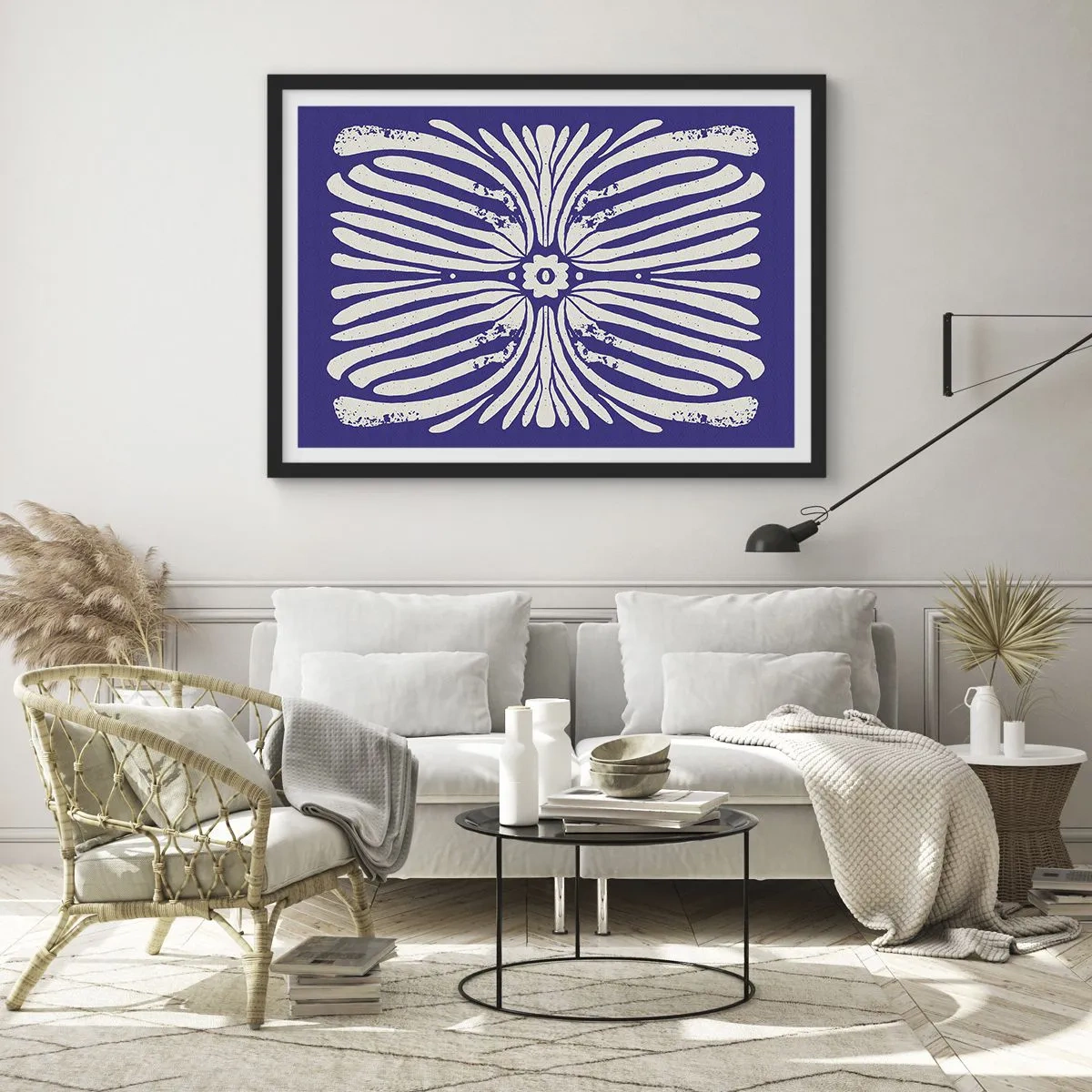 Poster in einem schwarzem Rahmen - Ethno-Muster in Lila- und Weißtönen - 70x50cm - Ethnische Inspirationen - Moderne Wanddekoration für Wohnzimmer und Schlafzimmer ARTTOR