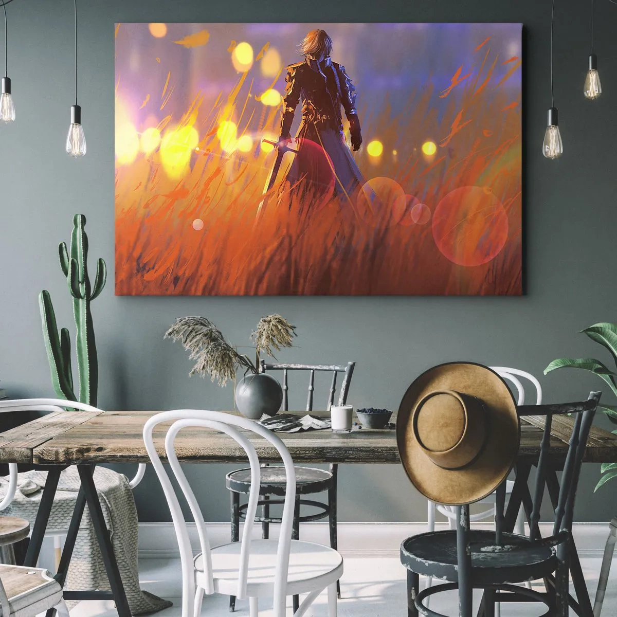 Bild auf Leinwand - Leinwandbild - Die Figur eines Ritters im Licht der untergehenden Sonne auf einem Feld - 100x70cm - Fahrender Ritter - Moderne Wanddekoration für Wohnzimmer und Schlafzimmer ARTTOR