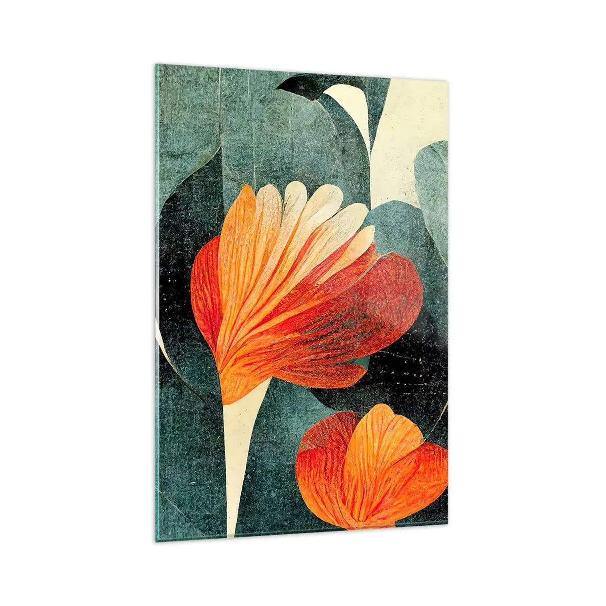 Glasbild - Bild auf glas - Blüten in intensiven Orange- und Grüntönen - 80x120cm - Hitze der Tropen und Kühle des Grüns - Moderne Wanddekoration für Wohnzimmer und Schlafzimmer ARTTOR
