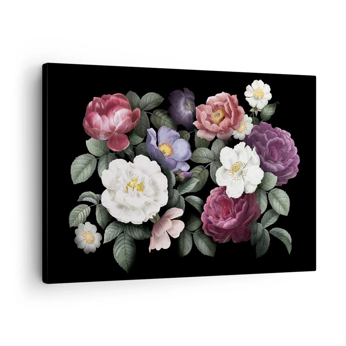 Bild auf Leinwand - Leinwandbild - Blumen in verschiedenen Farben auf schwarzem Hintergrund - 70x50cm - Aus dem Englischen Garten - Moderne Wanddekoration für Wohnzimmer und Schlafzimmer ARTTOR