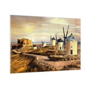Glasbild - Bild auf glas - Windmühlen und eine Burg in der Landschaft bei Sonnenuntergang - 100x70cm - Don Quijote kommt gleich - Moderne Wanddekoration für Wohnzimmer und Schlafzimmer ARTTOR