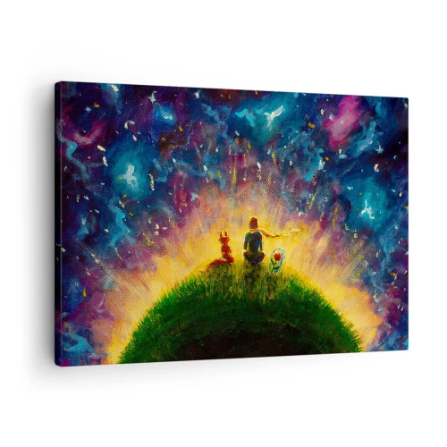 Bild auf Leinwand - Leinwandbild - Figuren auf einem grünen Hügel, umgeben von einem Sternenhimmel - 70x50cm - Liebe und Freundschaft - die ganze Welt - Moderne Wanddekoration für Wohnzimmer und Schlafzimmer ARTTOR