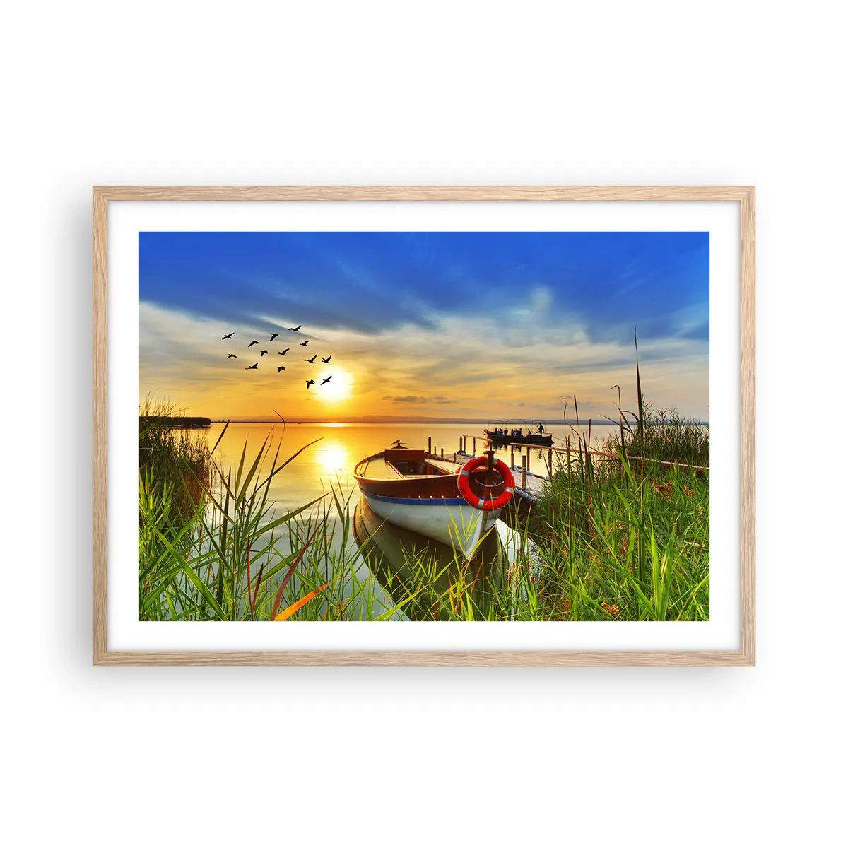 Poster in einem Rahmen aus heller Eiche - Die Kormorane fliegen schon weg - 70x50 cm