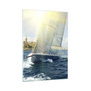 Glasbild - Bild auf glas - Eine Yacht, die an einem sonnigen Tag vor der Kulisse einer Stadt segelt - 50x70cm - Es ist Zeit die Stadt zu verlassen - Moderne Wanddekoration für Wohnzimmer und Schlafzimmer ARTTOR