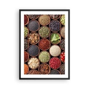 Poster in einem schwarzem Rahmen - Bunte Gewürze in kleinen Holzschälchen - 50x70cm - Alle Aromen der Welt - Moderne Wanddekoration für Wohnzimmer und Schlafzimmer ARTTOR