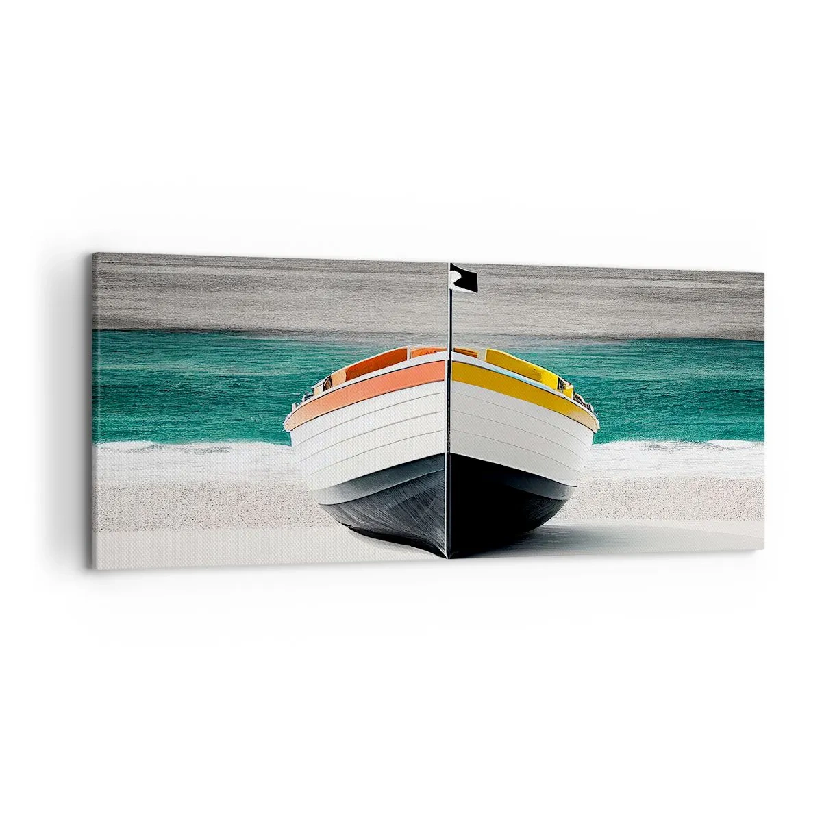 Bild auf Leinwand - Leinwandbild - Ein Boot am Strand mit türkisfarbenem Meer im Hintergrund - 120x50cm - An seinem Platz - Moderne Wanddekoration für Wohnzimmer und Schlafzimmer ARTTOR