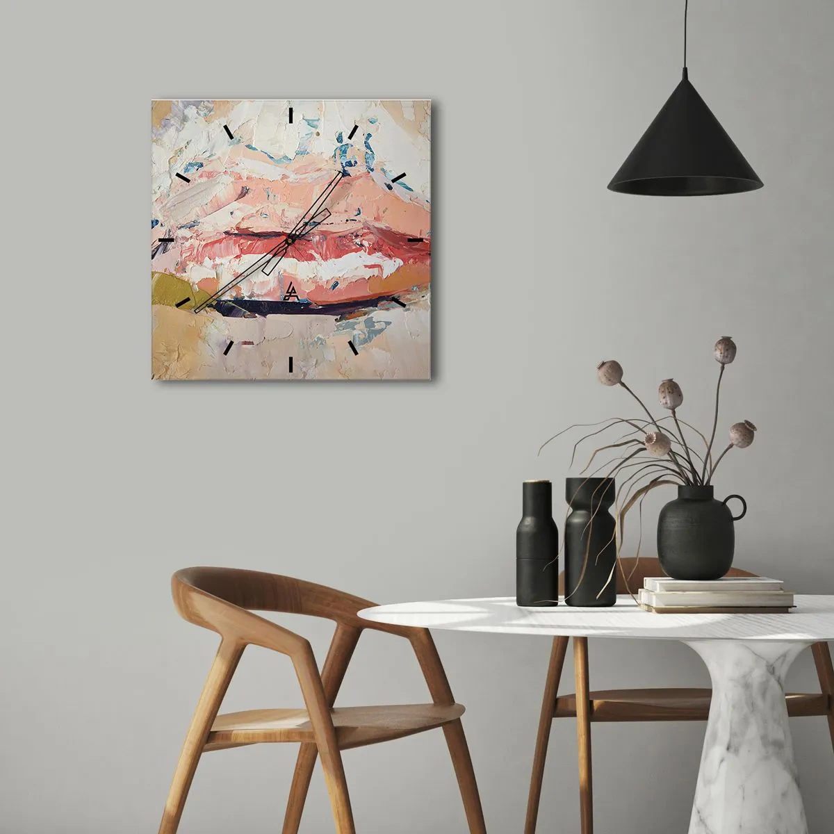 Wanduhr - Glasuhr - Eine abstrakte Komposition, die die Lippen einer Frau in Pastellfarben darstellt. - 30x30cm - Es weckt die Sinne - Moderne Wanddekoration für Wohnzimmer und Schlafzimmer ARTTOR