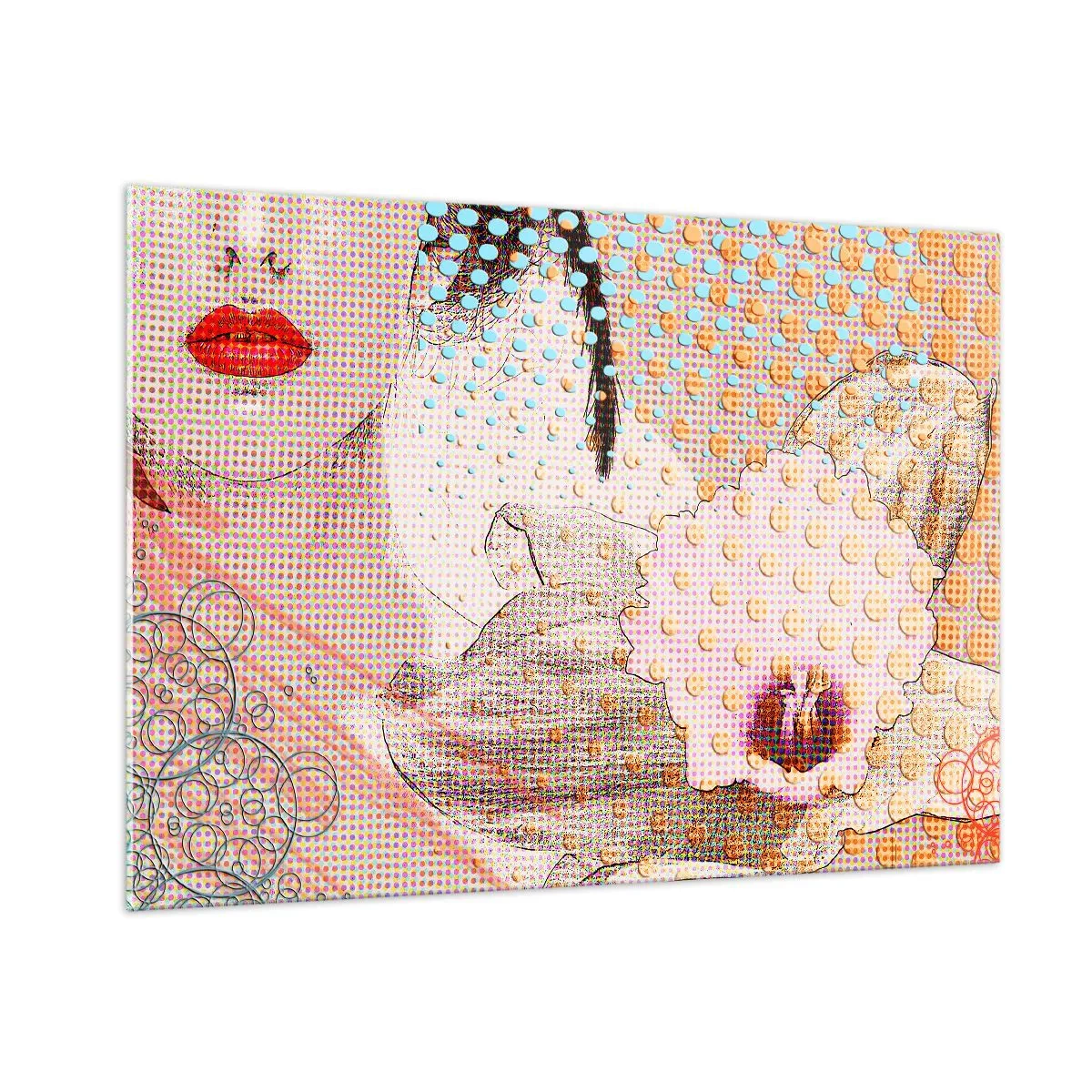 Glasbild - Bild auf glas - Illustration eines Frauenporträts mit einer Blume im Hintergrund im Pop-Art-Stil - 100x70cm - Comic-Heldin - Moderne Wanddekoration für Wohnzimmer und Schlafzimmer ARTTOR