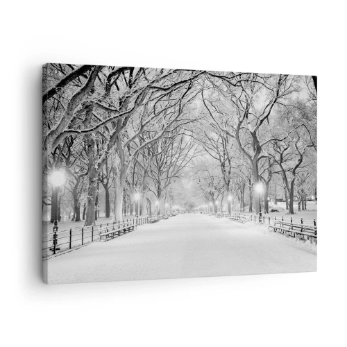 Bild auf Leinwand - Leinwandbild - Eine Winterallee mit schneebedeckten Bäumen in Monochrom - 70x50cm - Vier Jahreszeiten - Winter - Moderne Wanddekoration für Wohnzimmer und Schlafzimmer ARTTOR
