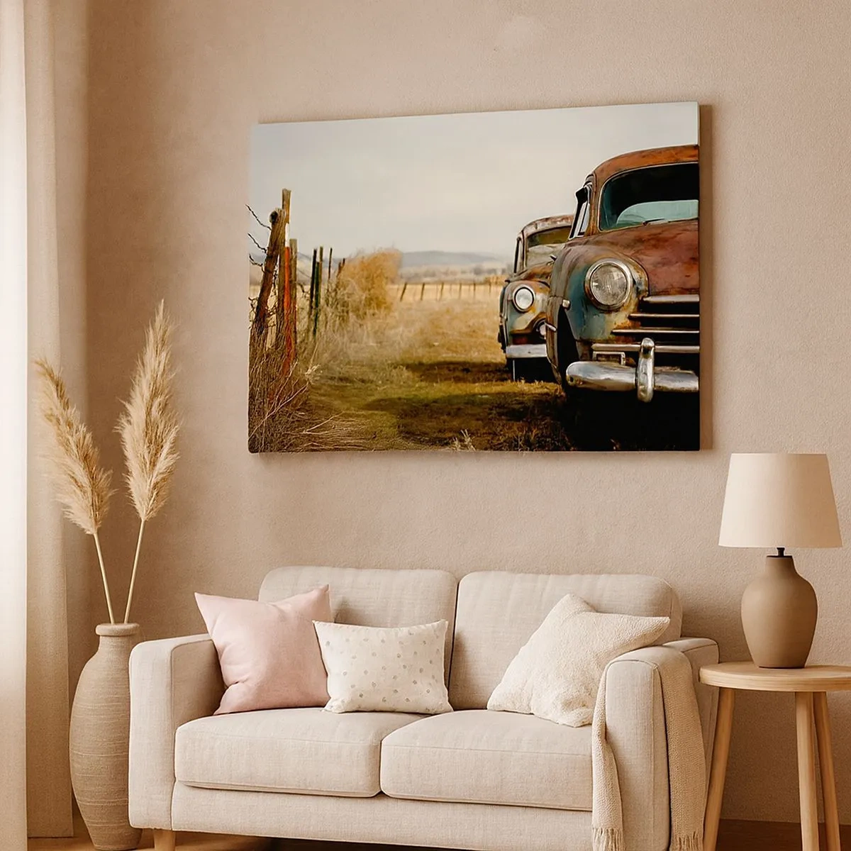 Bild auf Leinwand - Leinwandbild - Zwei alte Autos auf einem Feldweg neben einem Holzzaun - 70x50cm - Eine wohlverdiente Ruhe - Moderne Wanddekoration für Wohnzimmer und Schlafzimmer ARTTOR