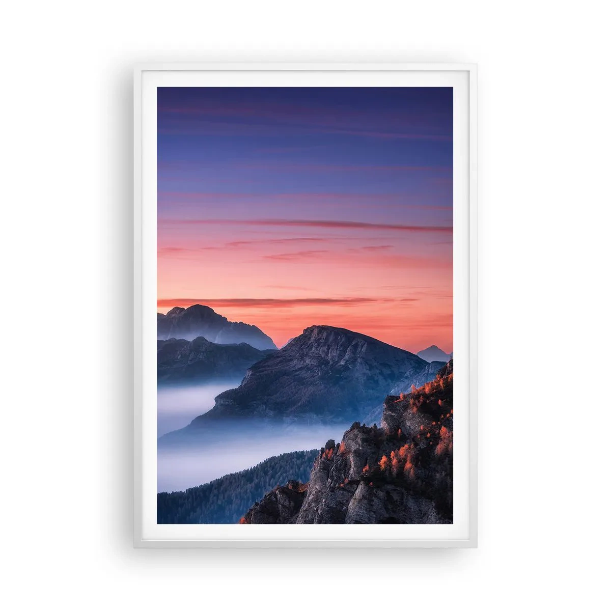 Poster in einem weißen Rahmen - Über die Täler - 70x100 cm