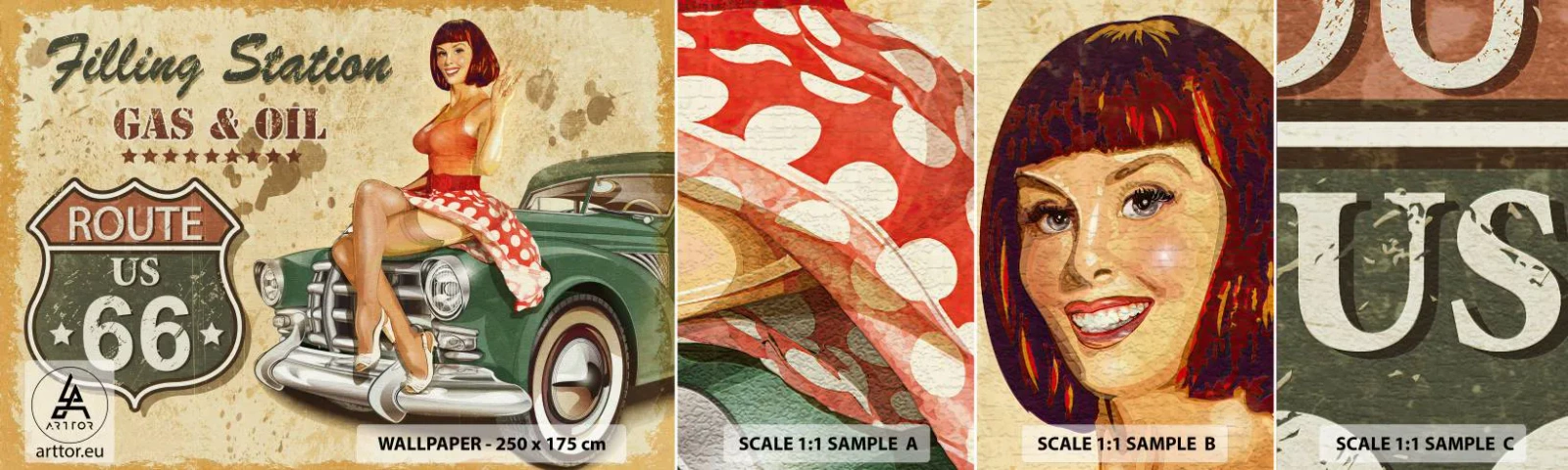 Fototapeten Muster Selbstklebend Deluxe Sticker - Die großen Jahre der 40er. - Route 66, Auto, Automobil - 100x30 cm