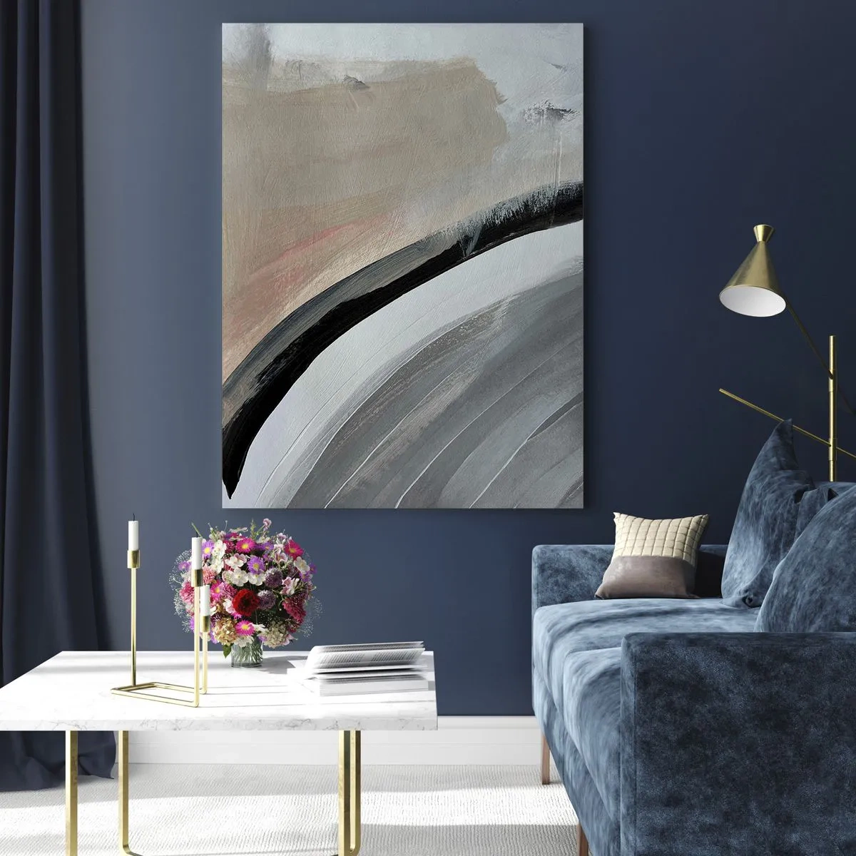 Glasbild - Bild auf glas - Abstrakter Bogen in Grau- und Schwarztönen - 50x70cm - Komposition: Bogen aus Schwarz und Grau - Moderne Wanddekoration für Wohnzimmer und Schlafzimmer ARTTOR