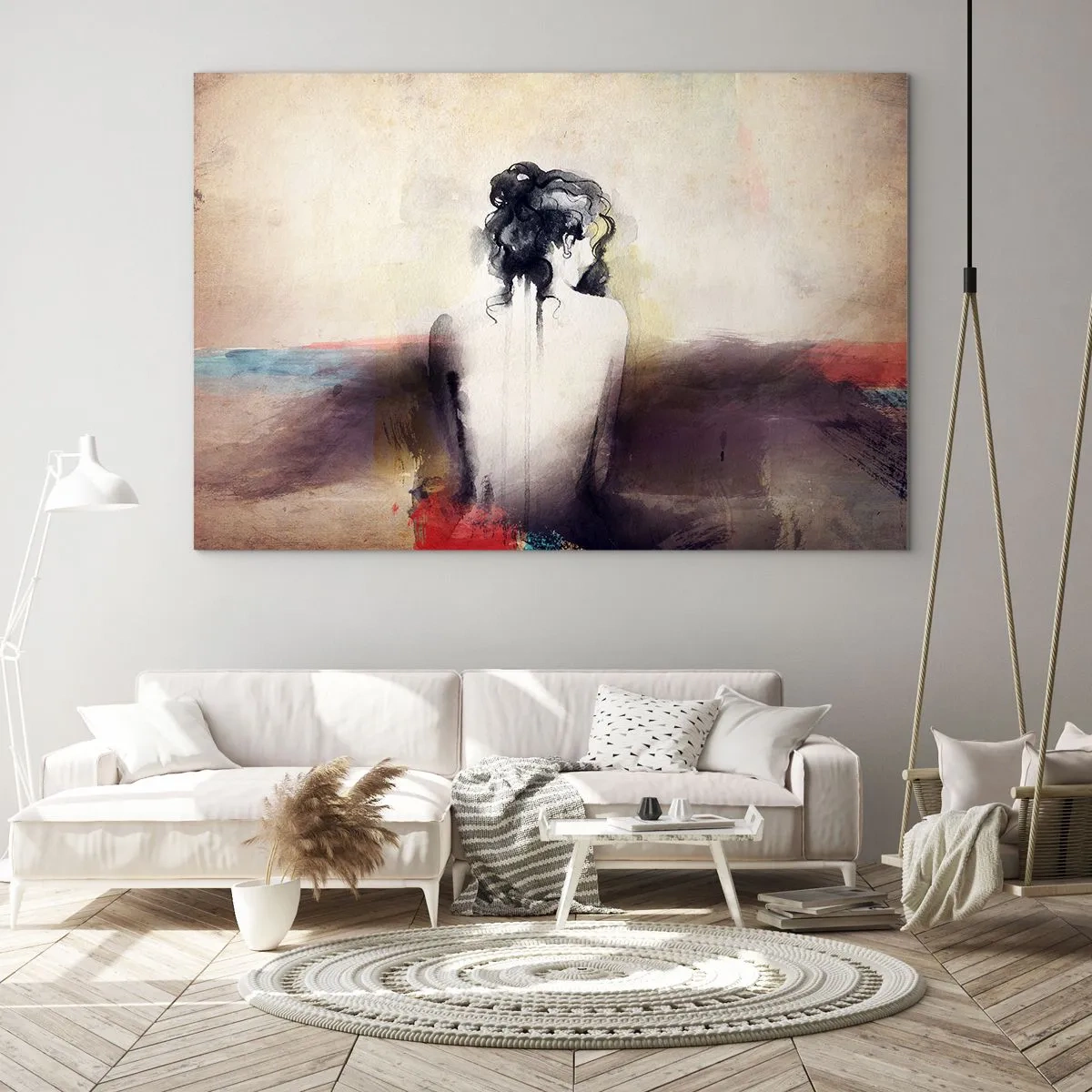 Glasbild - Bild auf glas - Ein subtiles Porträt einer Frau vor einem pastellfarbenen Landschaftshintergrund. - 100x70cm - Glatte Linien, ovale Formen - Moderne Wanddekoration für Wohnzimmer und Schlafzimmer ARTTOR