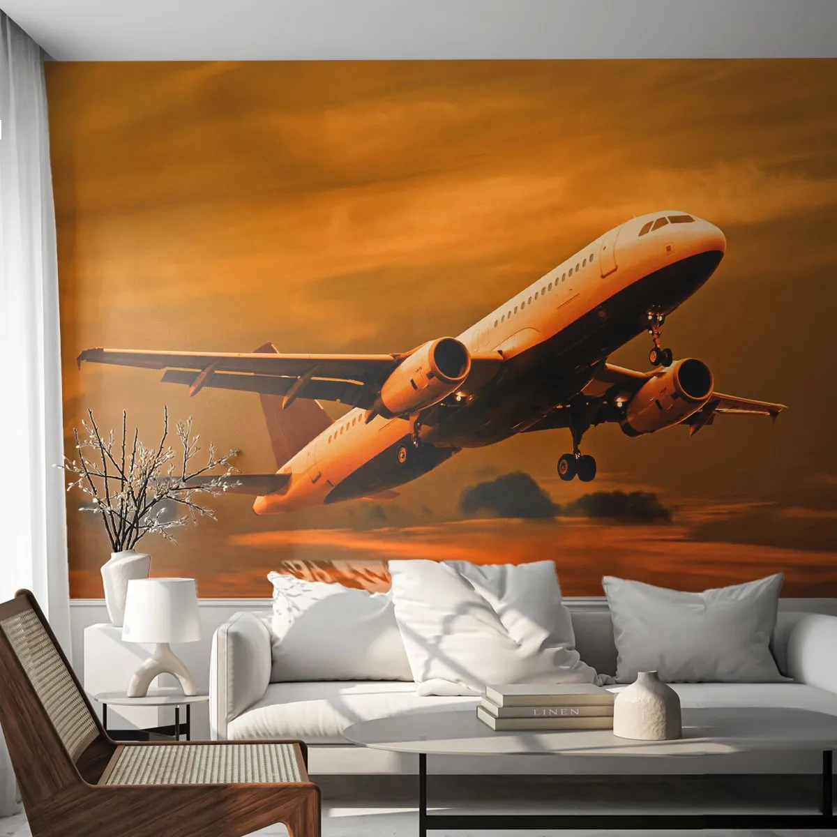 Fototapete Premium Sand - Ein Passagierflugzeug im goldenen Licht des Sonnenuntergangs - 100x70cm - Flug der Sonne entgegen - Moderne Wanddekoration für Wohnzimmer und Schlafzimmer ARTTOR
