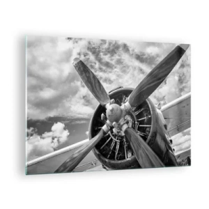 Glasbild - Bild auf glas - Eine Nahaufnahme eines Flugzeugpropellers in Schwarzweiß. - 70x50cm - Eroberer der Lüfte - Moderne Wanddekoration für Wohnzimmer und Schlafzimmer ARTTOR
