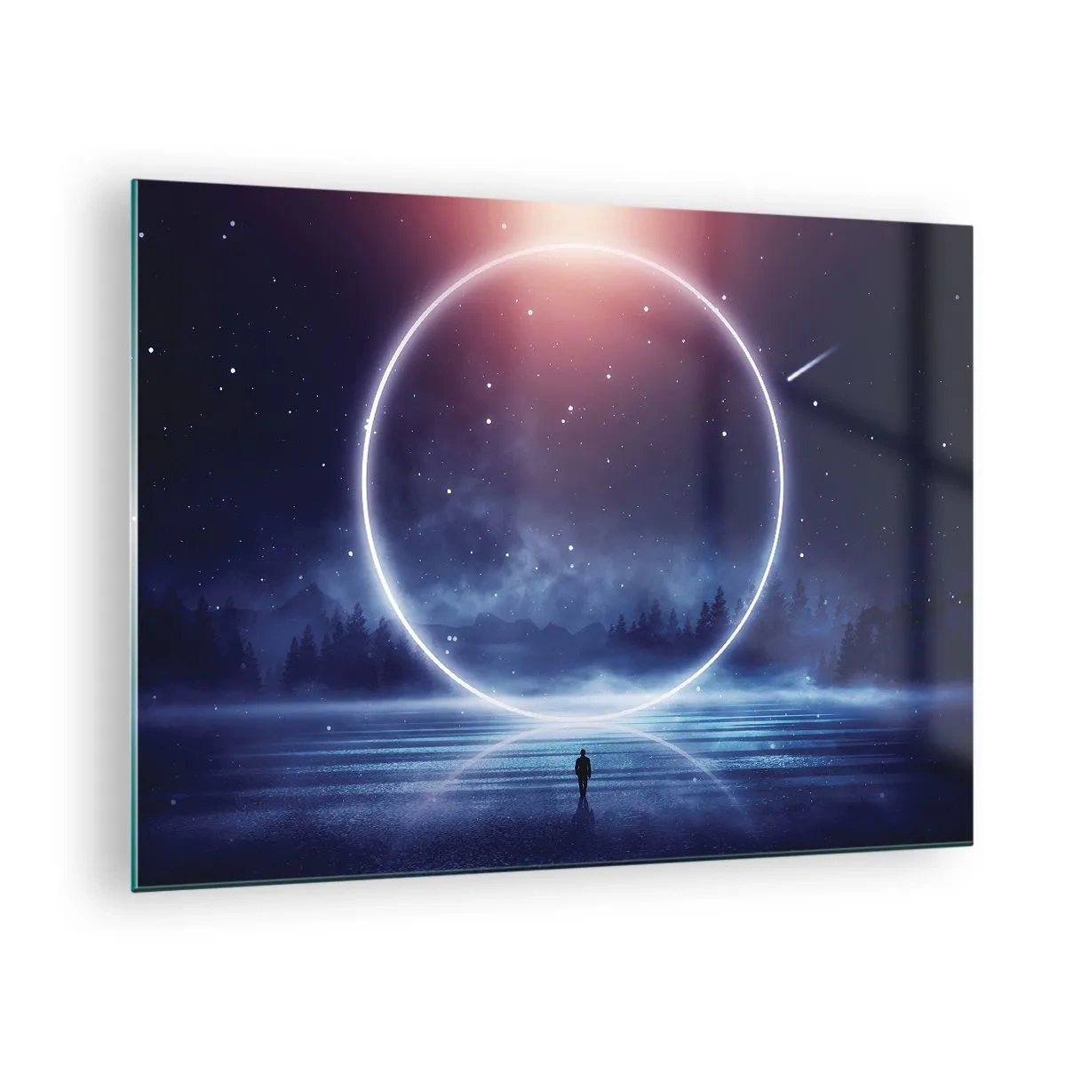 Glasbild - Bild auf glas - Ein Lichtkreis über dem See zwischen Nachthimmel und Wald - 70x50cm - Sie sind schon da ... - Moderne Wanddekoration für Wohnzimmer und Schlafzimmer ARTTOR