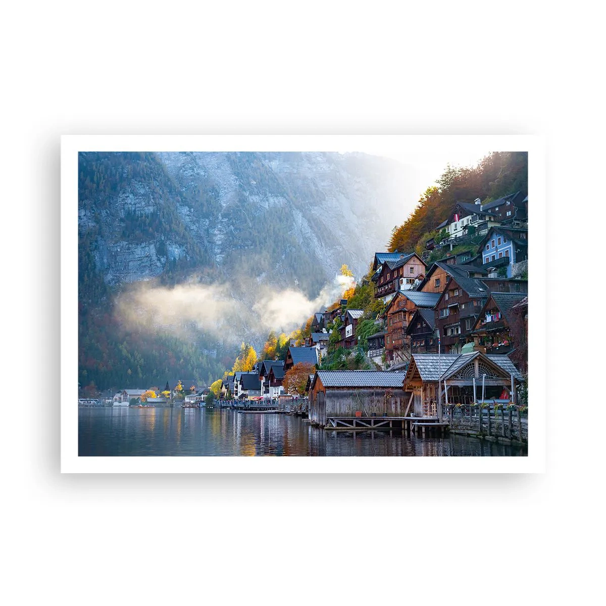 Poster - Ein Bergdorf an einem See in herbstlicher Landschaft - 100x70cm - Alpenatmosphäre - Moderne Wanddekoration für Wohnzimmer und Schlafzimmer ARTTOR