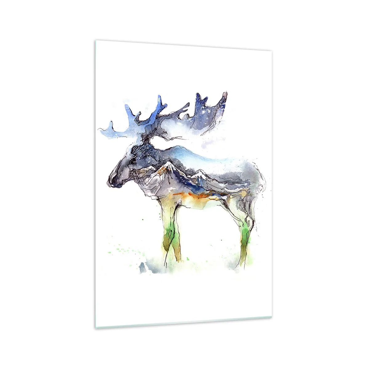 Glasbild - Bild auf glas - Aquarell-Silhouette eines Elches mit Berglandschaft - 70x100cm - Der Held eines Wintermärchens - Moderne Wanddekoration für Wohnzimmer und Schlafzimmer ARTTOR