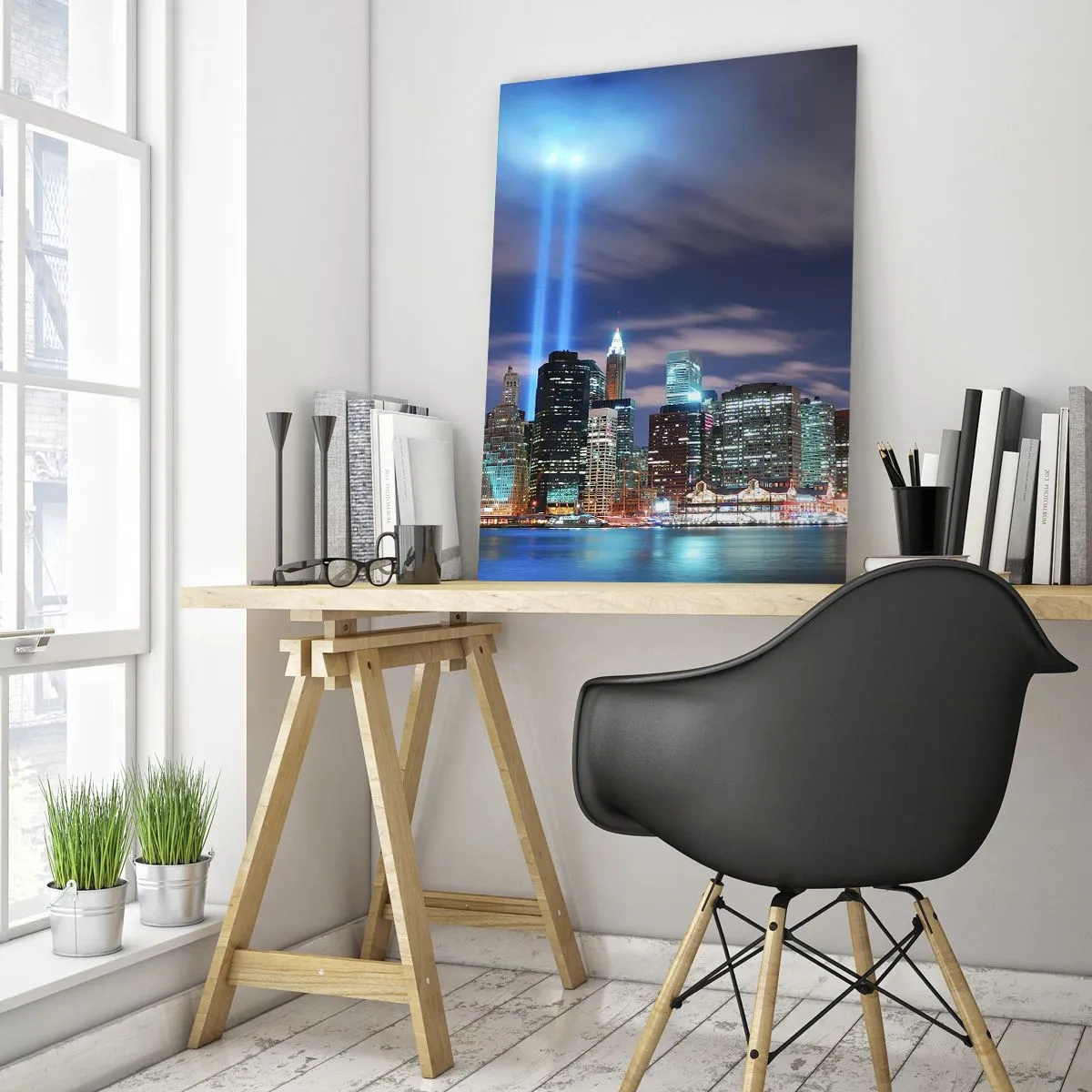 Glasbild - Bild auf glas - Nachtstadtpanorama mit zwei hellen Lichtstrahlen am Himmel - 70x100cm - Erreiche den Himmel mit dem Licht - Moderne Wanddekoration für Wohnzimmer und Schlafzimmer ARTTOR