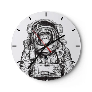 Wanduhr - Glasuhr - Eine Schwarz-Weiß-Skizze eines Affen-Astronauten. - 30x30cm - Alternative Evolution - Moderne Wanddekoration für Wohnzimmer, Küche und Schlafzimmer ARTTOR