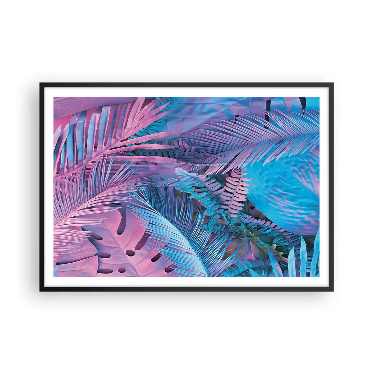 Poster in einem schwarzem Rahmen - Tropische Blätter in Rosa- und Blautönen - 100x70cm - Tropen in Rosa und Blau - Moderne Wanddekoration für Wohnzimmer und Schlafzimmer ARTTOR