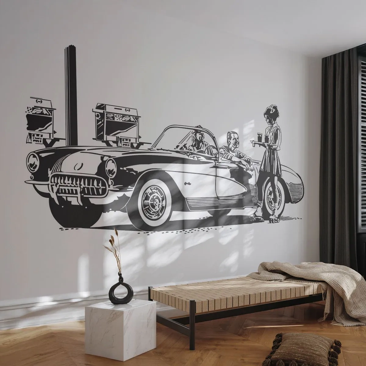 Fototapete Premium Sand - Retro-Illustration mit einem Oldtimer und einer Rollschuh fahrenden Kellnerin - 100x70cm - 60. - unbeschwertes Amerika - Moderne Wanddekoration für Wohnzimmer und Schlafzimmer ARTTOR