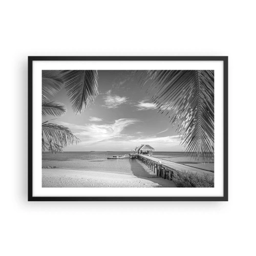 Poster in einem schwarzem Rahmen - Schwarz-weißer Strand mit Pier und Palmen an einer tropischen Küste - 70x50cm - Erinnerung oder Traum? - Moderne Wanddekoration für Wohnzimmer und Schlafzimmer ARTTOR