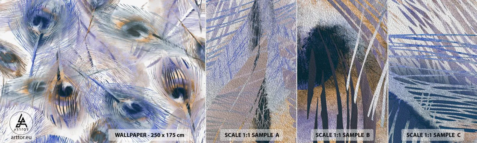 Fototapeten Muster Premium Sand - Pfau-Komposition - Abstraktion, Pfauenfeder, Boho - 100x30 cm