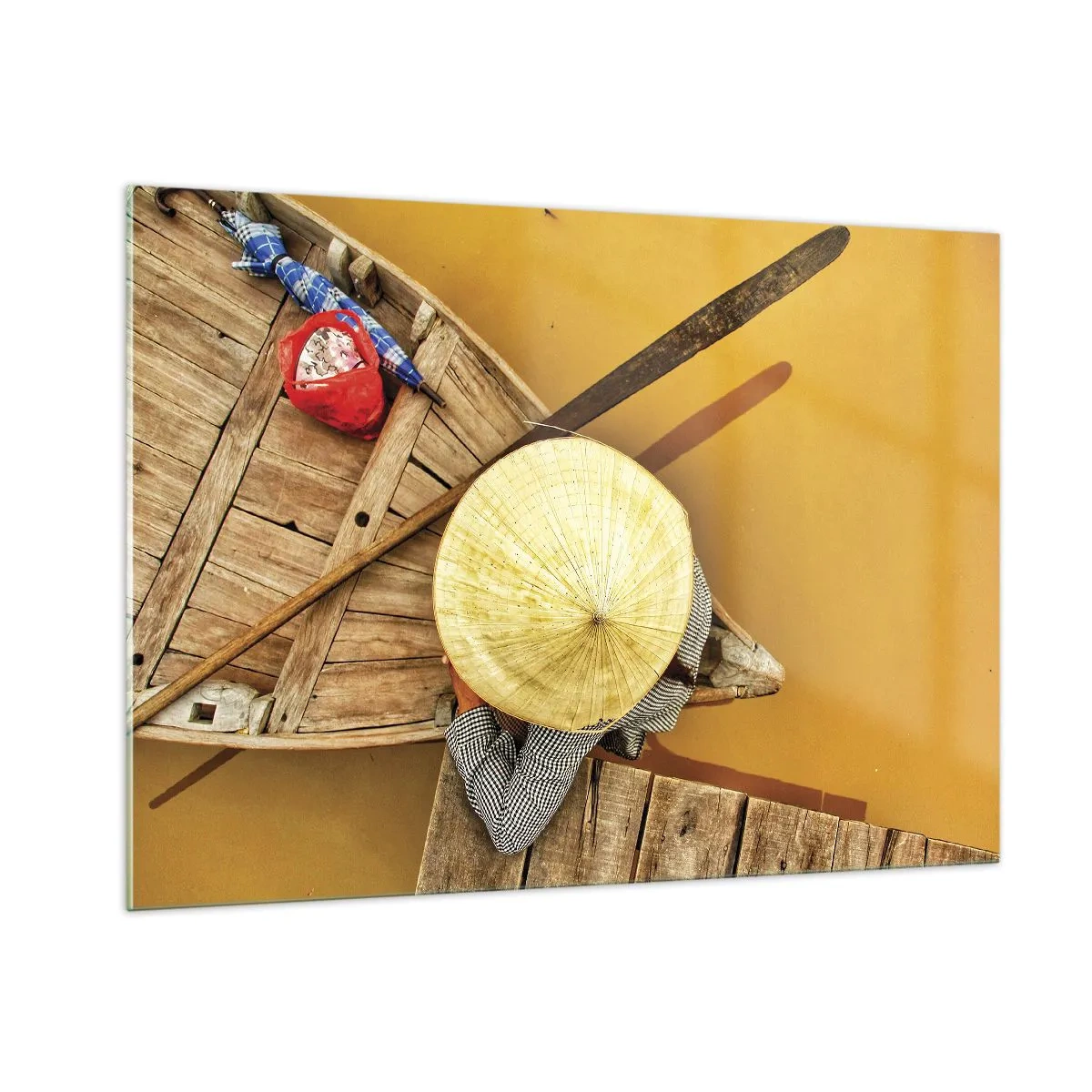 Glasbild - Bild auf glas - Draufsicht auf ein Boot und eine Person mit einem konischen Hut - 100x70cm - Leben am Gelben Fluss - Moderne Wanddekoration für Wohnzimmer und Schlafzimmer ARTTOR