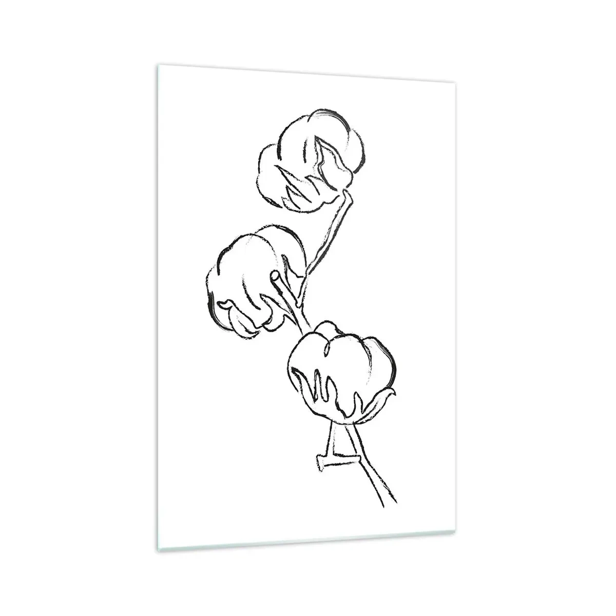 Glasbild - Bild auf glas - Ein zarter Umriss eines Baumwollzweigs auf weißem Hintergrund - 70x100cm - Baumwolldaunen - Moderne Wanddekoration für Wohnzimmer und Schlafzimmer ARTTOR