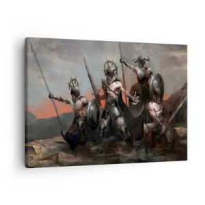 Bild auf Leinwand - Leinwandbild - Eine Gruppe von Kriegern in Rüstung mit Speeren vor dem Hintergrund des Sonnenuntergangs - 70x50cm - Mit oder auf einem Schild - Moderne Wanddekoration für Wohnzimmer und Schlafzimmer ARTTOR